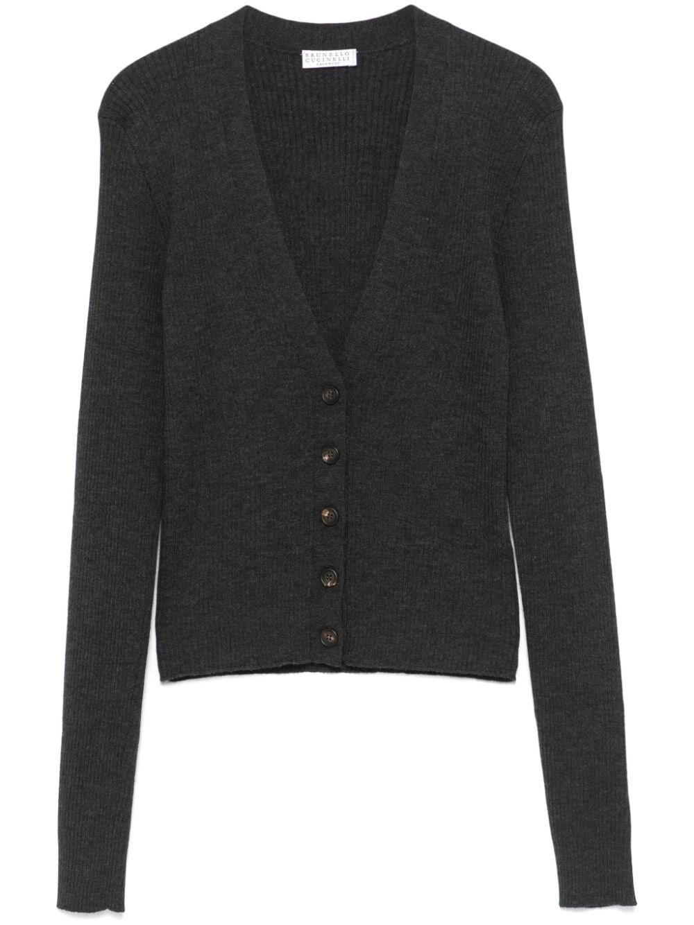 Shop Brunello Cucinelli Rib Knit Cardigan With Monili In Gray