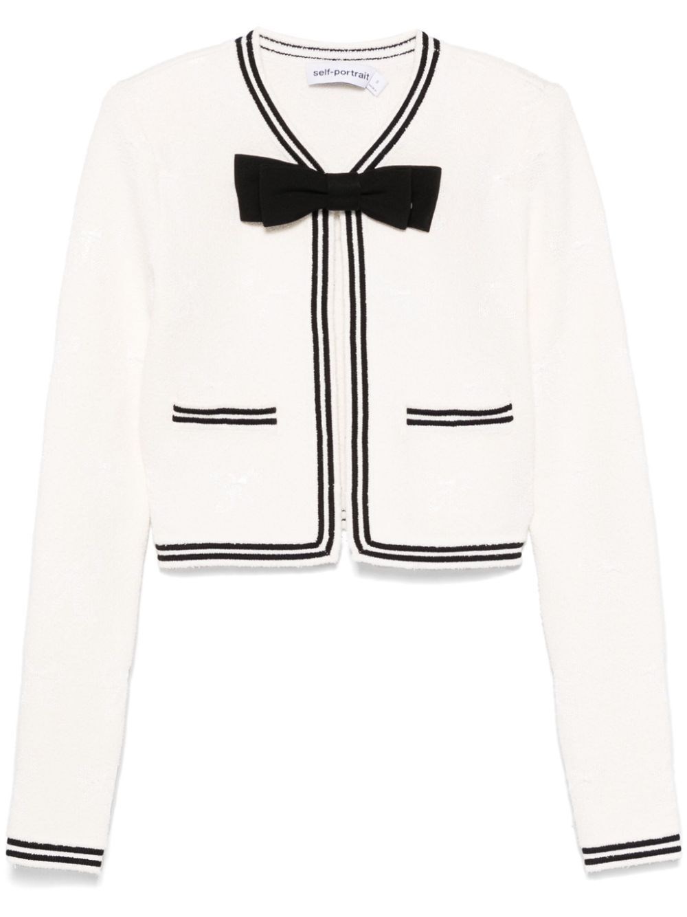 Self-portrait Ivory Bow Jacquard Knit Cardigan In Beige