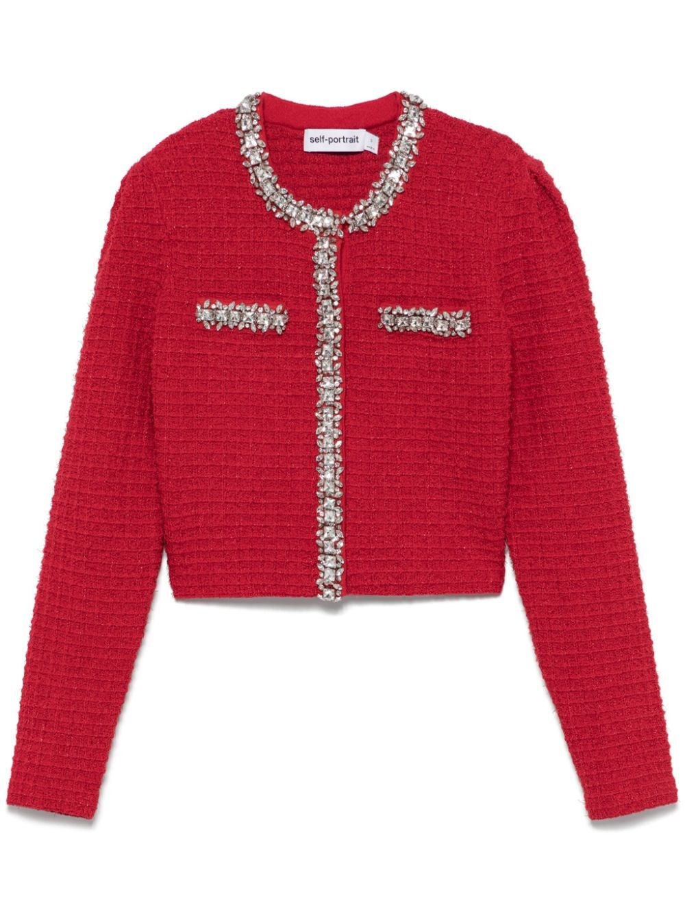 Shop Self-portrait Textured Knit Cardigan In Red
