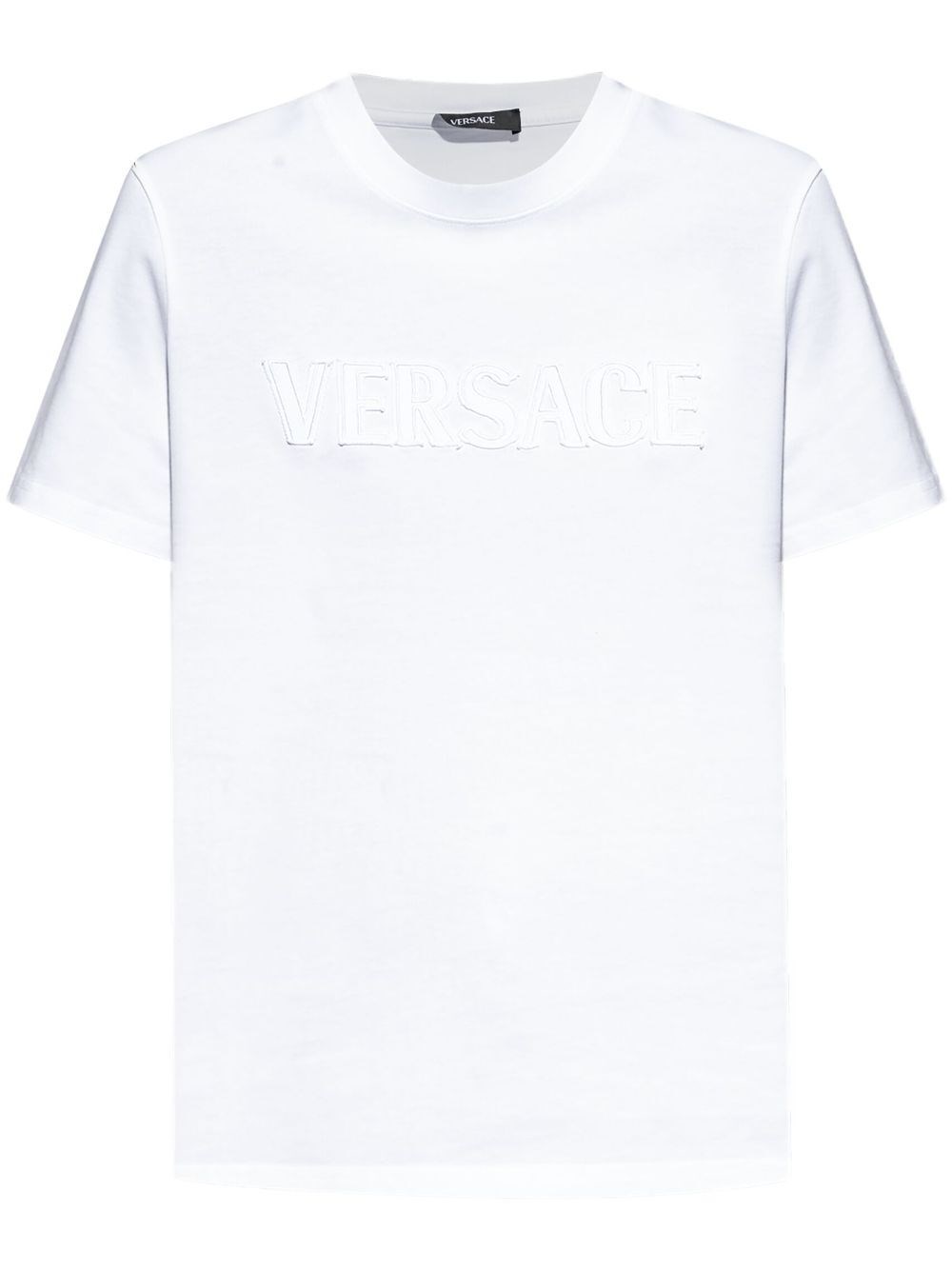 Versace Frayed Embroidered-logo Crewneck T-shirt In White
