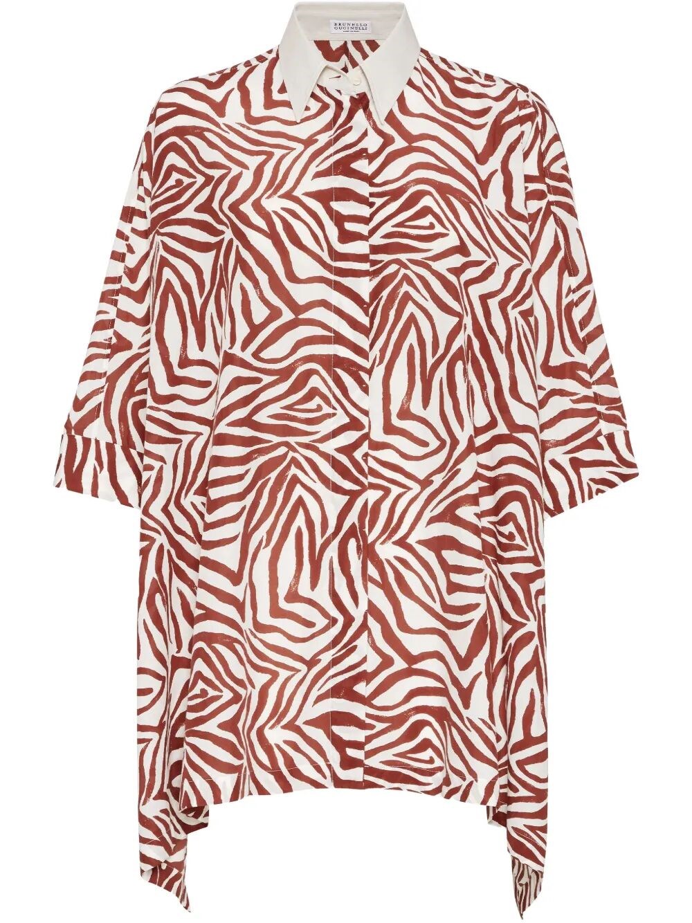 Brunello Cucinelli Women Cotton And Silk Ethnic Print Poplin Shirt With Monili In Beige