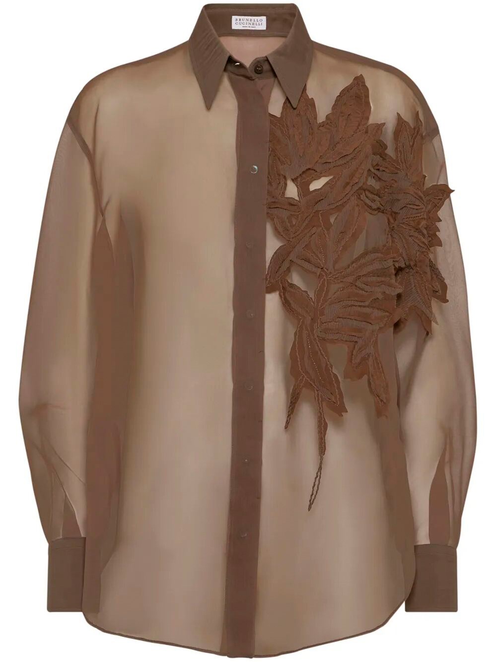 Brunello Cucinelli Laser Cut Crispy Silk Chiffon Blouse In Brown