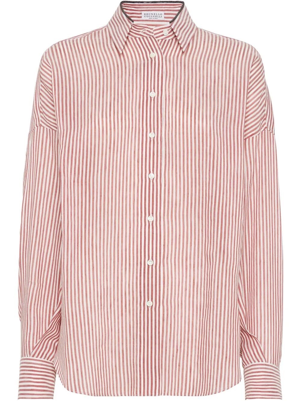 Brunello Cucinelli Bordeaux Stripe Linen-cotton Blend Shirt In Pink