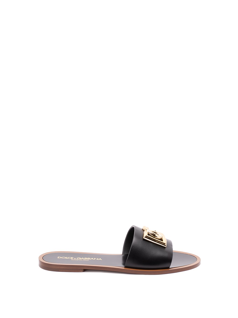 Dolce & Gabbana Flat Leather Slide Sandals With Front Embellishment In Black