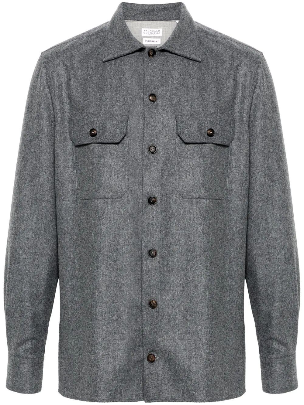 Brunello Cucinelli Wool Shirt With Straight Hem And Buttoned Hems In Gray