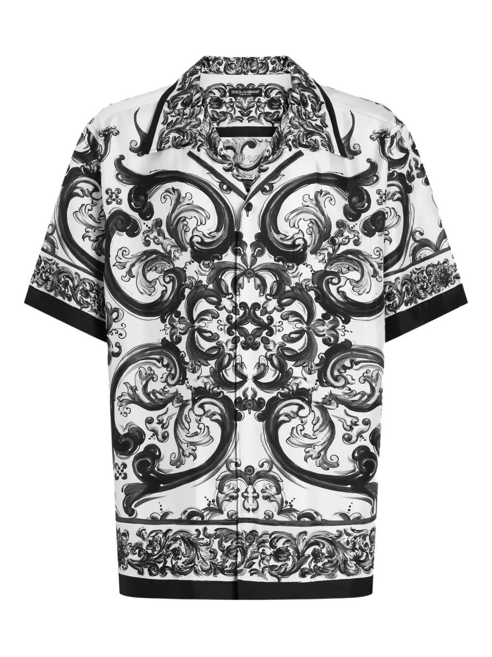 Dolce & Gabbana Maiolica Black And White Bowling Shirt With Cuban Collar And All-over Print In Silk Man In Black