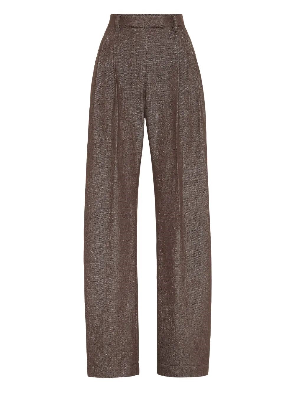 Brunello Cucinelli Loose Flared Trousers In Sparkling Twill Linen With Monile