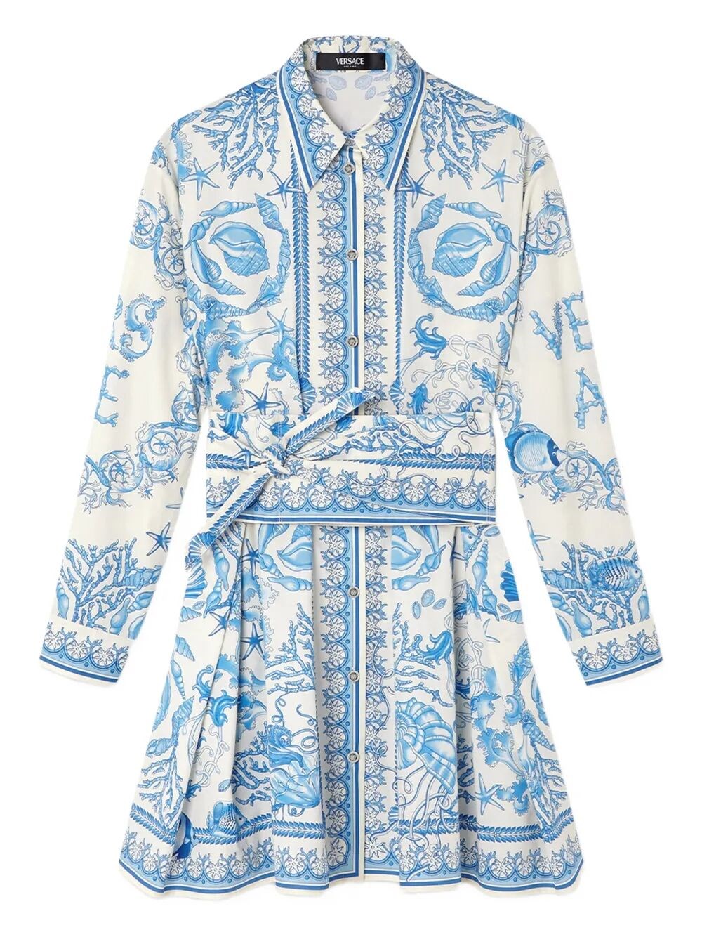Versace Dress `underwater Barocco Bicolour Foulard` On Cotton Poplin