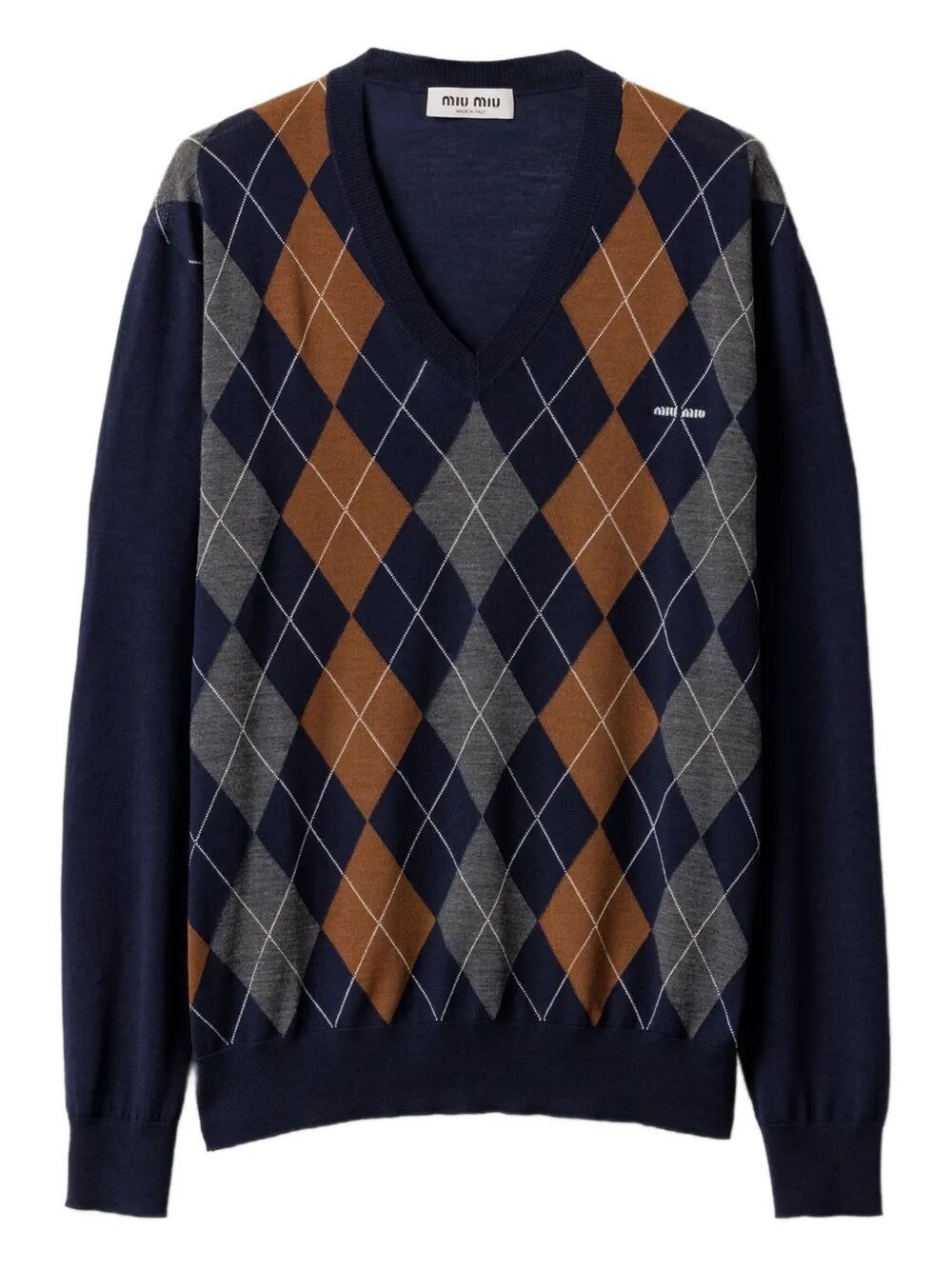 Miu Miu Argyle V-neck Wool Sweater In Blue