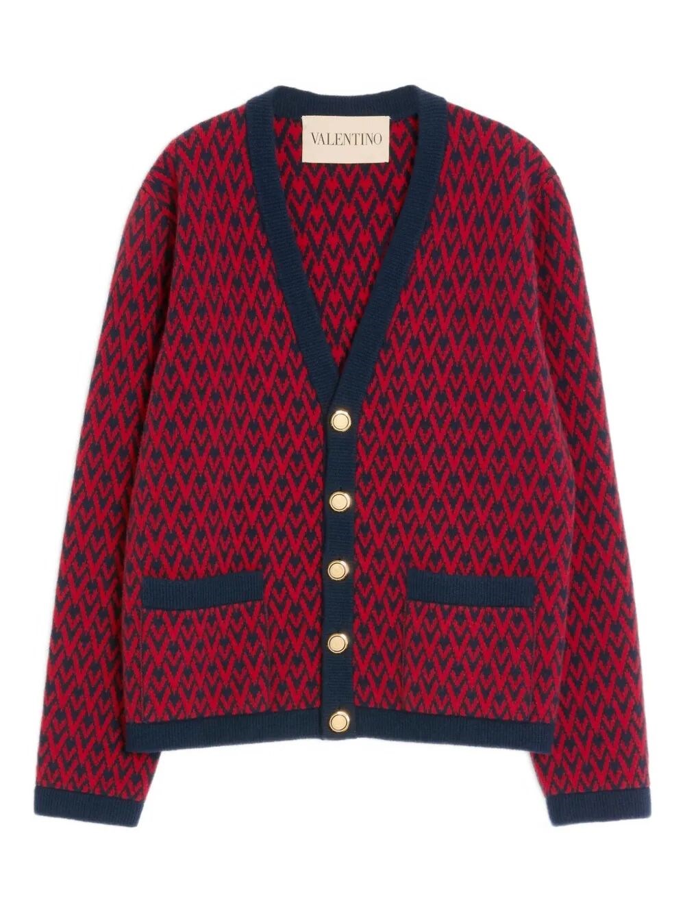 Valentino Garavani Patterned-intarsia Wool Cardigan In Red