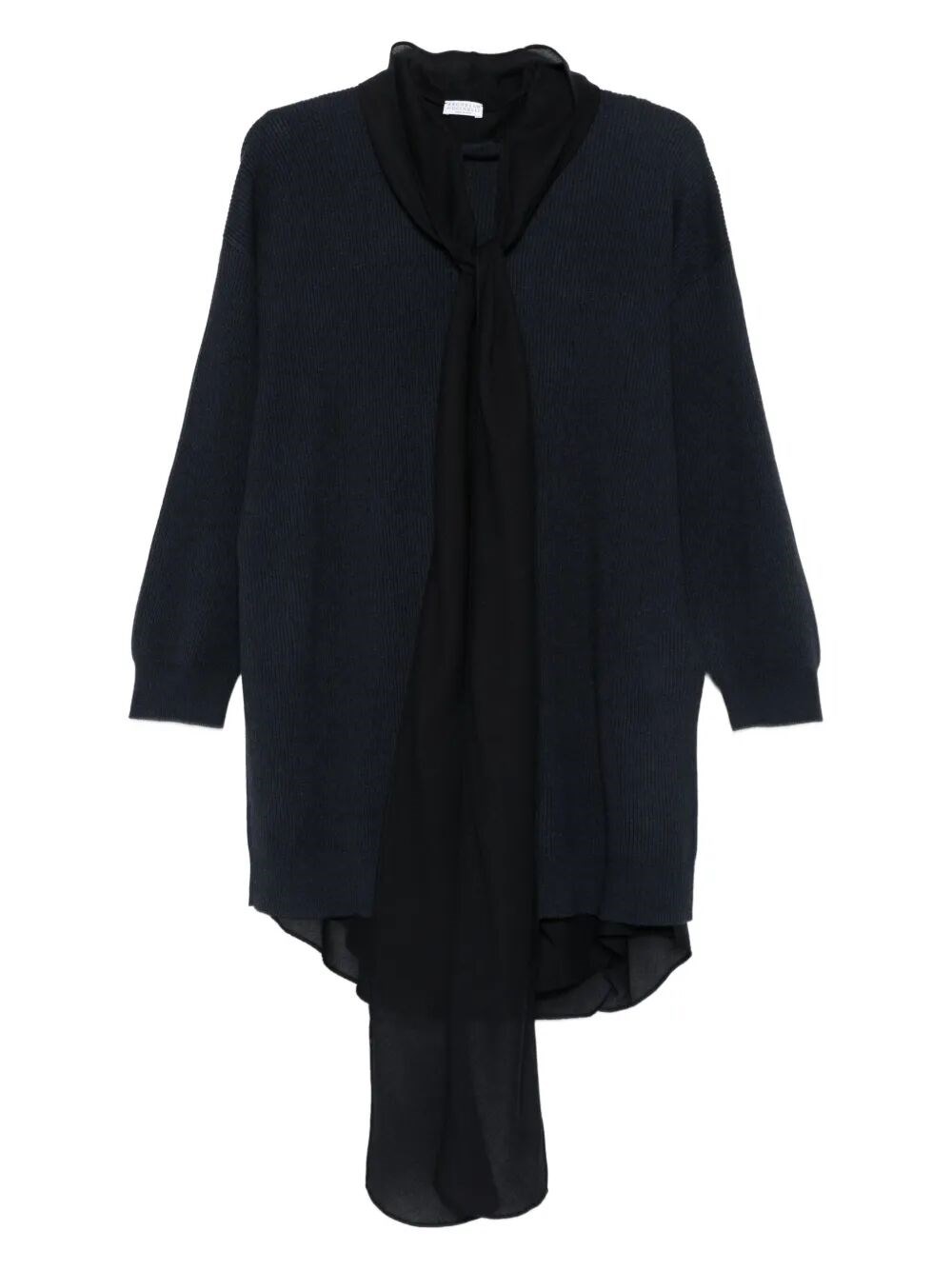 Brunello Cucinelli Ribbed Tie-neck Dress In Blue