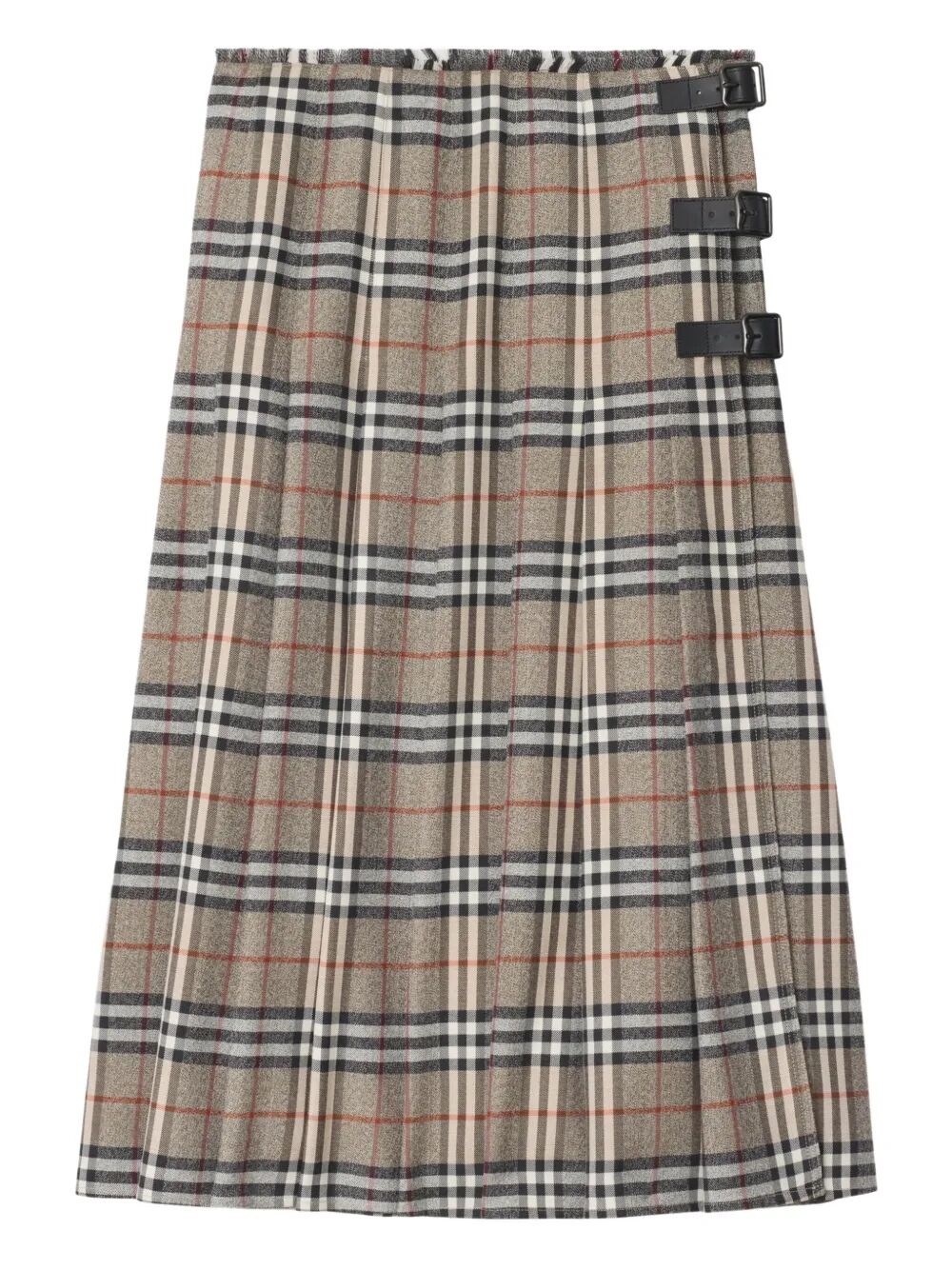 Burberry Plaid Wool Skirt With Decorative Buckles In Gray