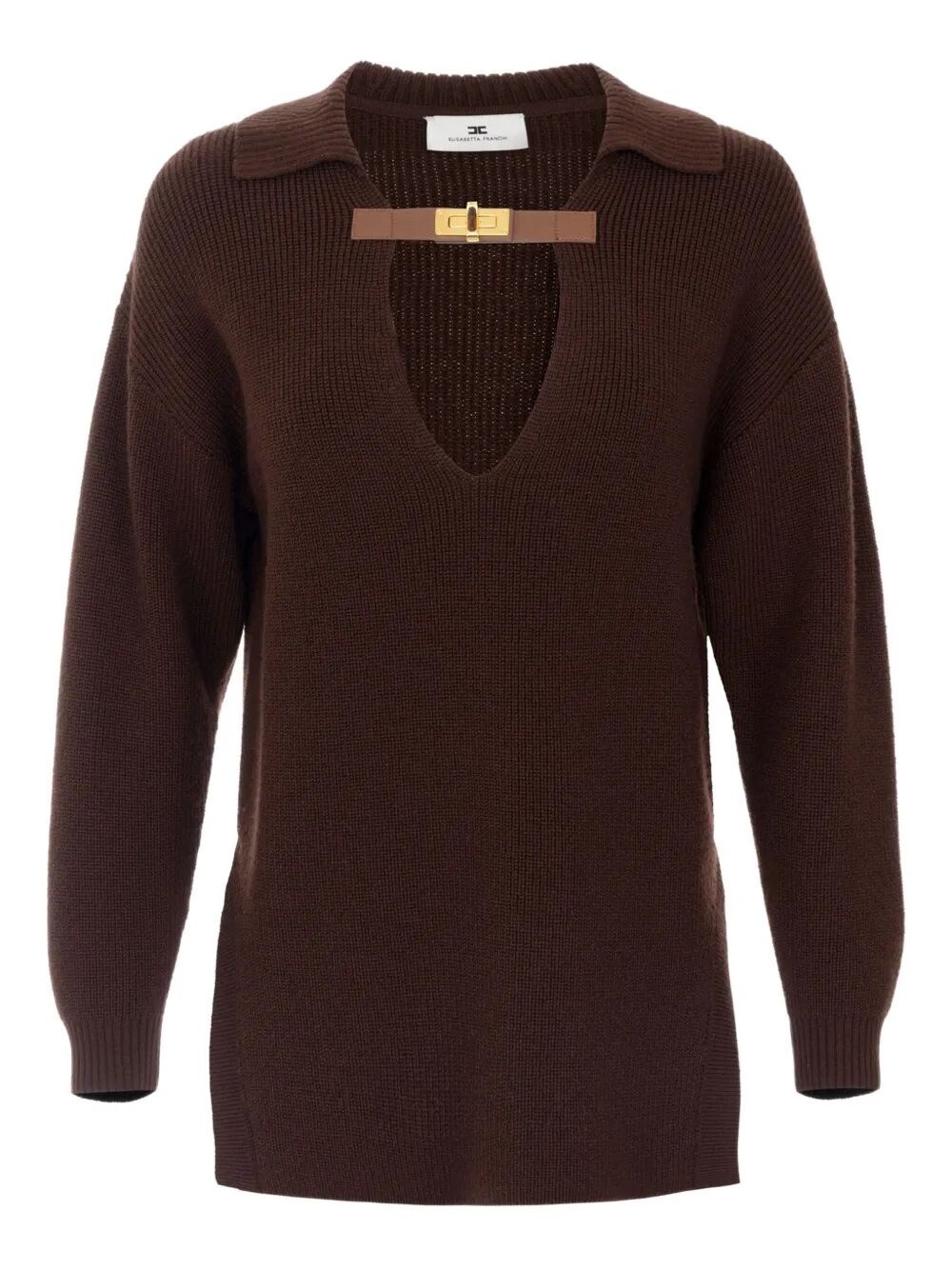 Elisabetta Franchi Knitwear Collared Design Long Sleeves Ribbed Texture V-neckline In Brown