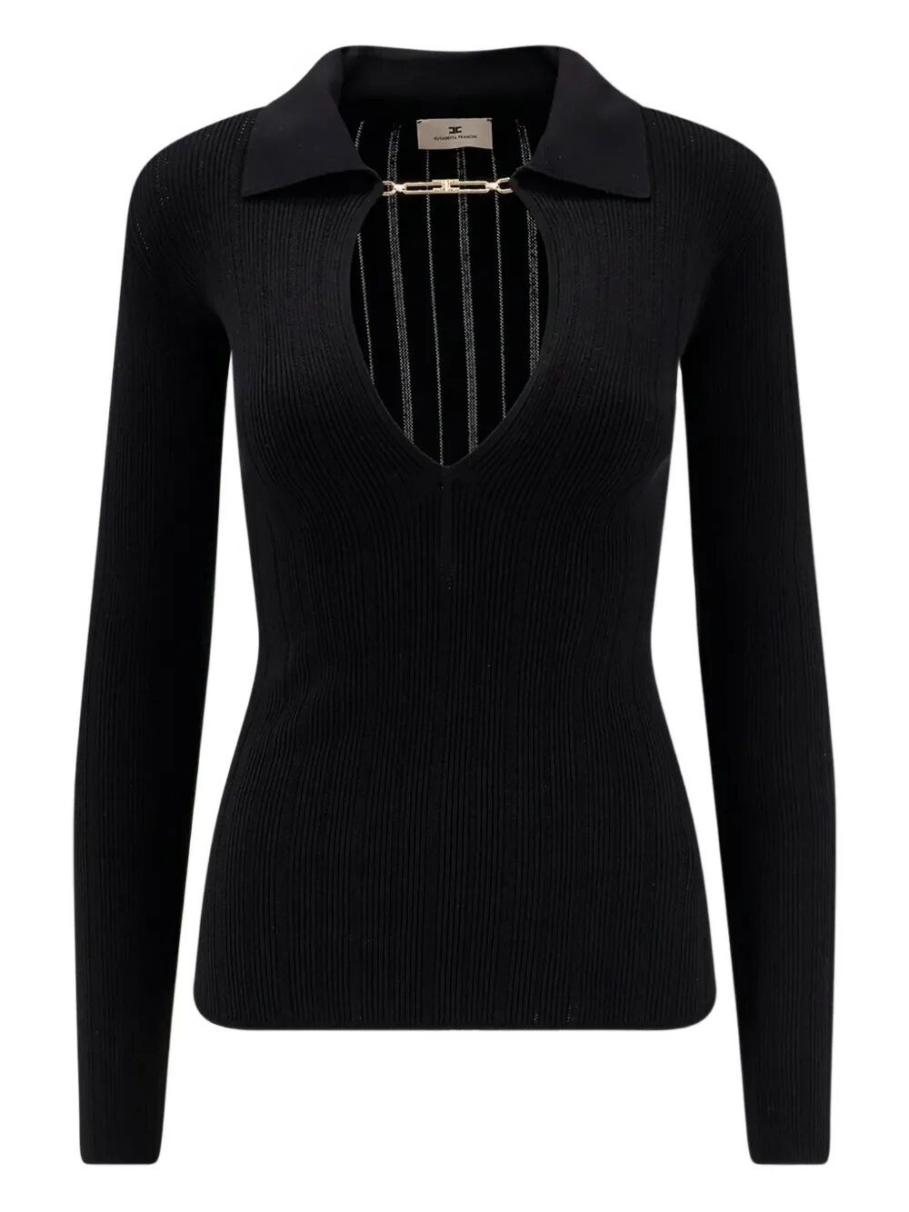 Elisabetta Franchi Deep V-neck Sweater With Gold Accent And Ribbed Texture In Black
