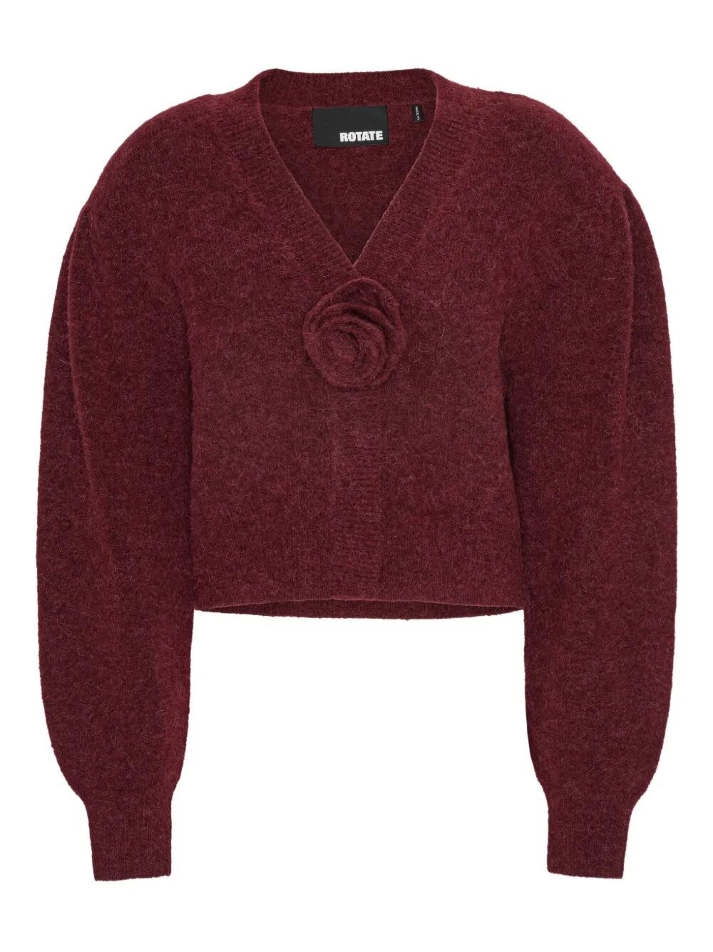 Rotate Birger Christensen Rotate Cropped Burgundy Sweater With Deep V-neckline And Floral Embellishment In Burgundy
