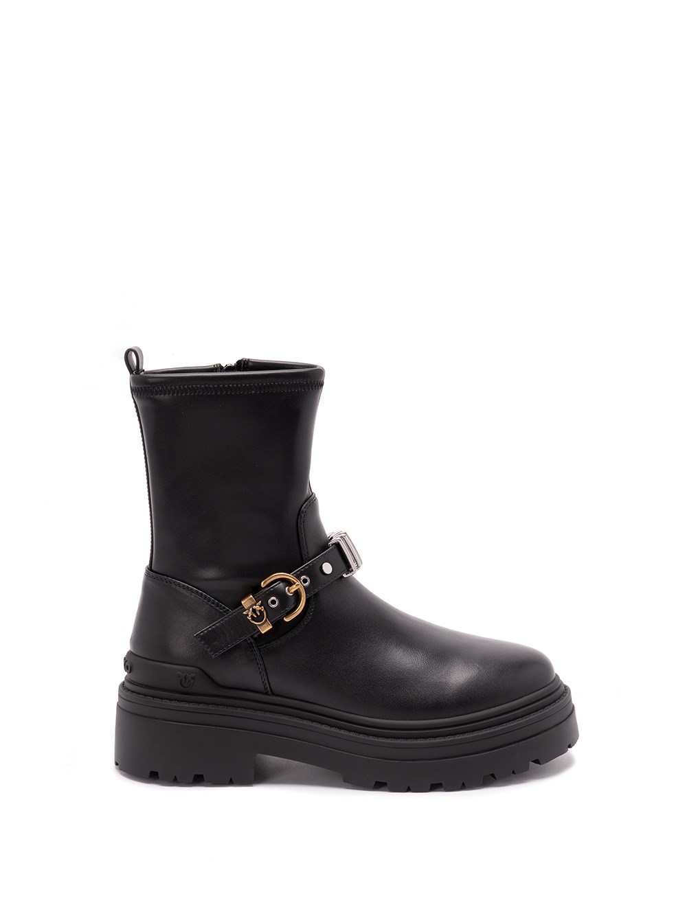 Pinko Rounded Toe Black Leather Ankle Boots With Front Strap In Black