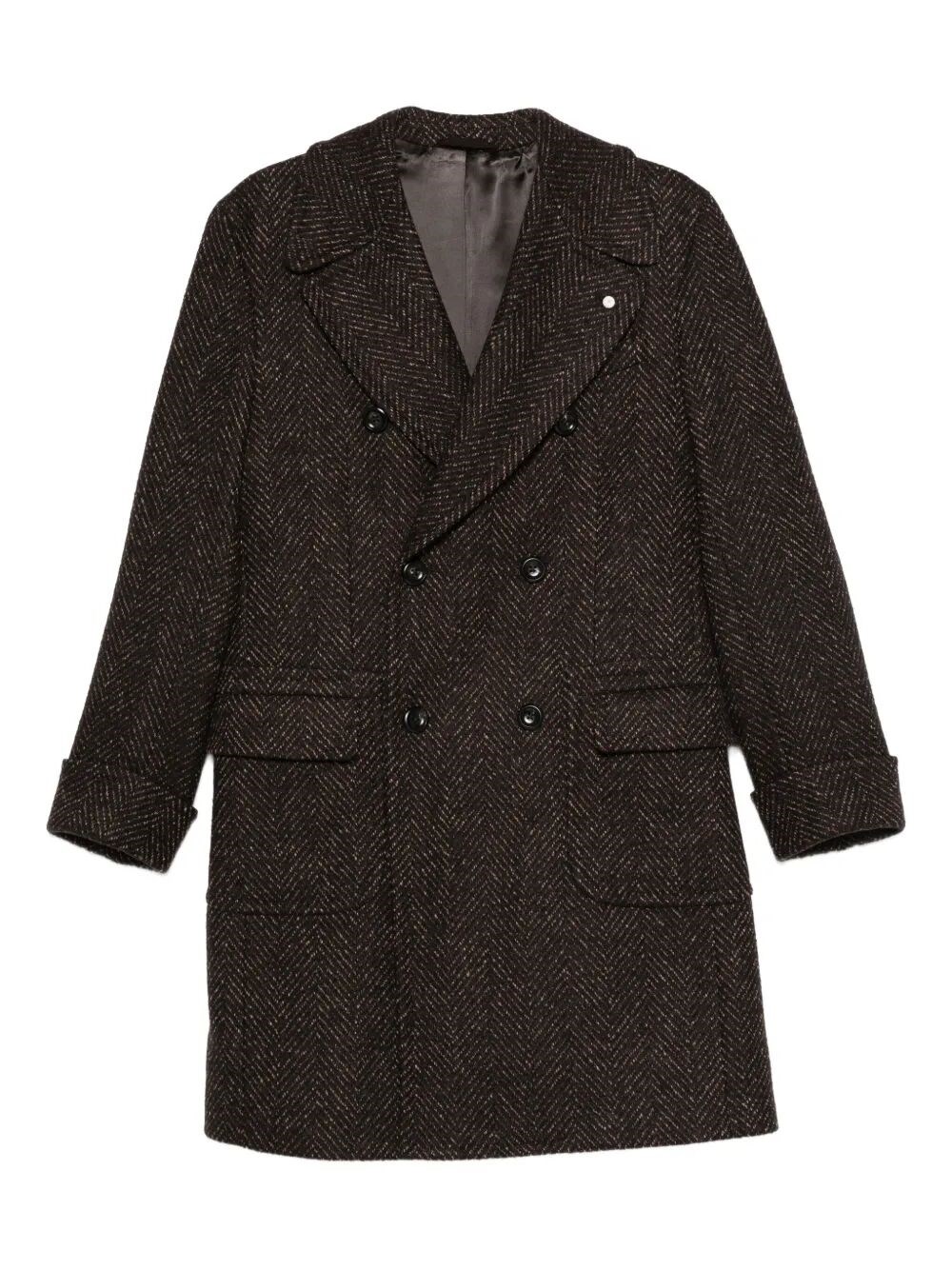 Luigi Bianchi Mantova Double-breasted Herringbone Coat With Tailored Fit In Brown