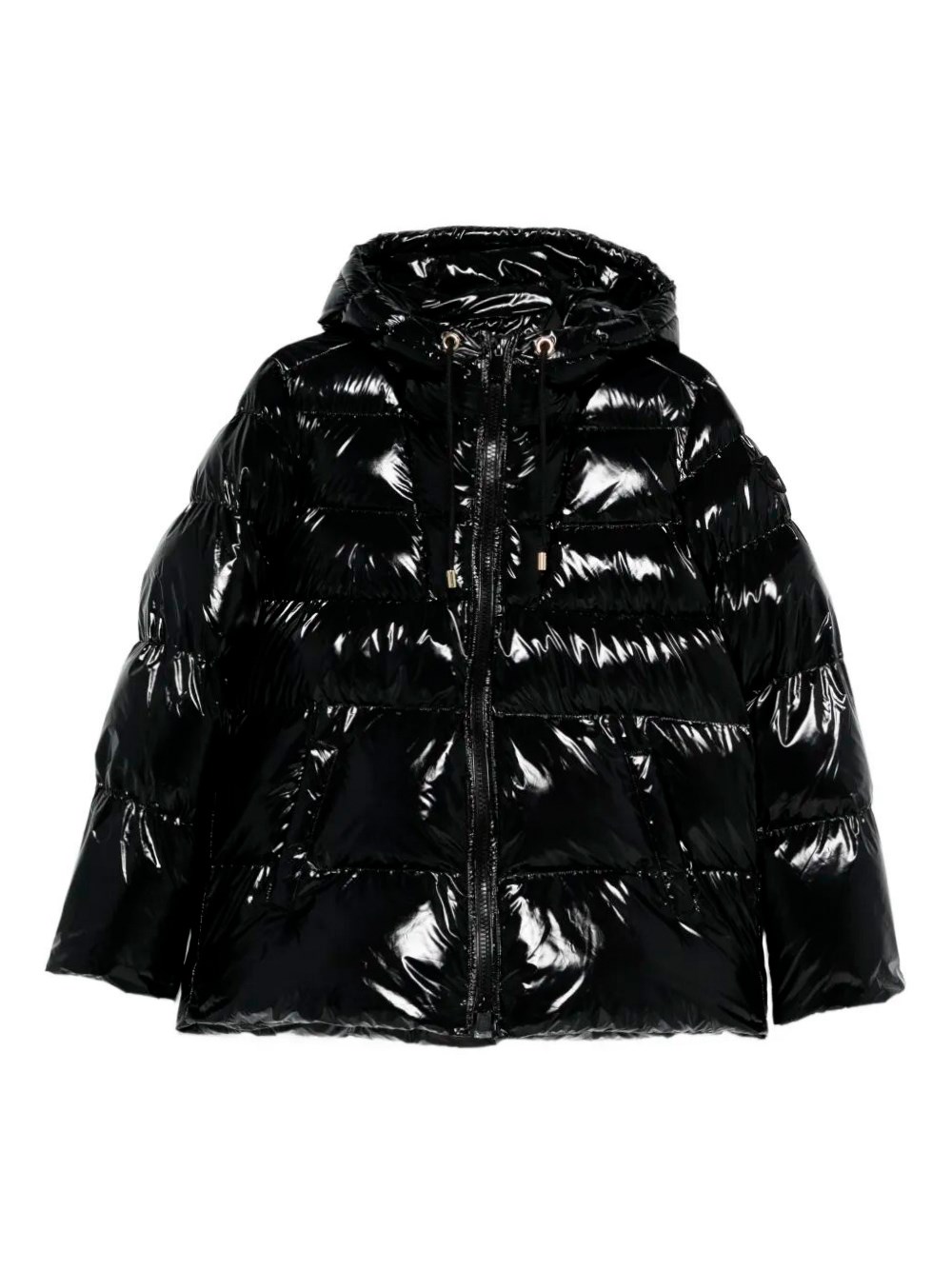 Pinko Oversized Black Puffy Coat With Glossy Finish And Hood In Black