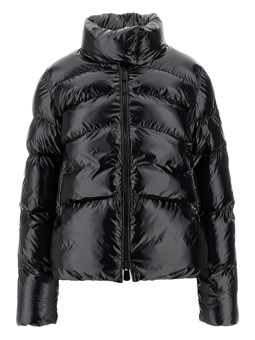 Pinko Cropped Black Down Coat With Glossy Finish And High Collar In Black