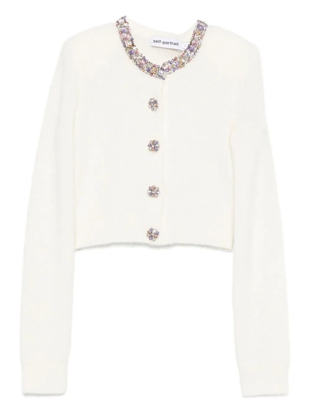 Self-portrait Cropped Sweater With Textured Boucle Knit And Crystal Embellishments In Sand