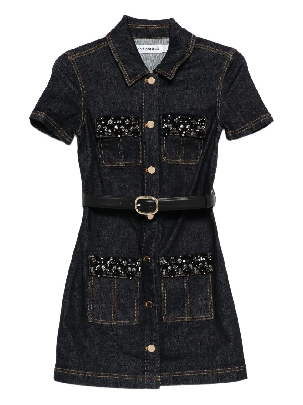 Self-portrait Womens Blue Crystal Short-sleeves Stretch-denim Blend Mini Dress In Black