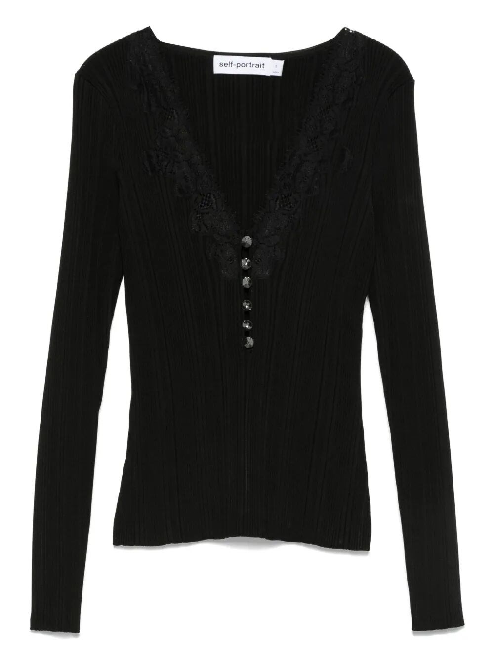 Self-portrait Black Lace Trim Knit Top Tops Black In Black