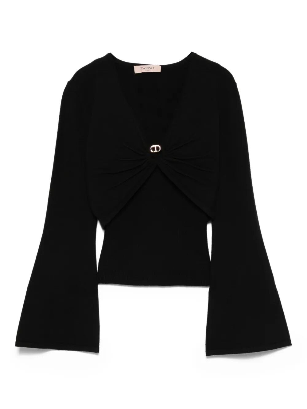 Twinset Twin-set Deep V-neck Shirt With Twist Detail And Gold Buckle In Black