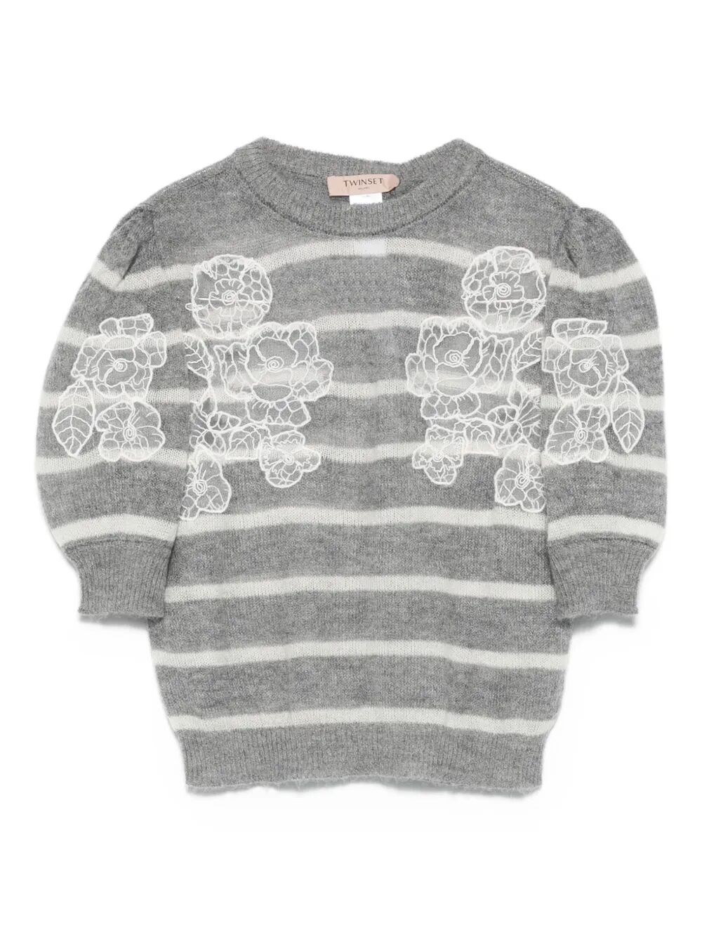 Twinset Twin-set Floral Embroidered Striped Knit Sweater In Gray