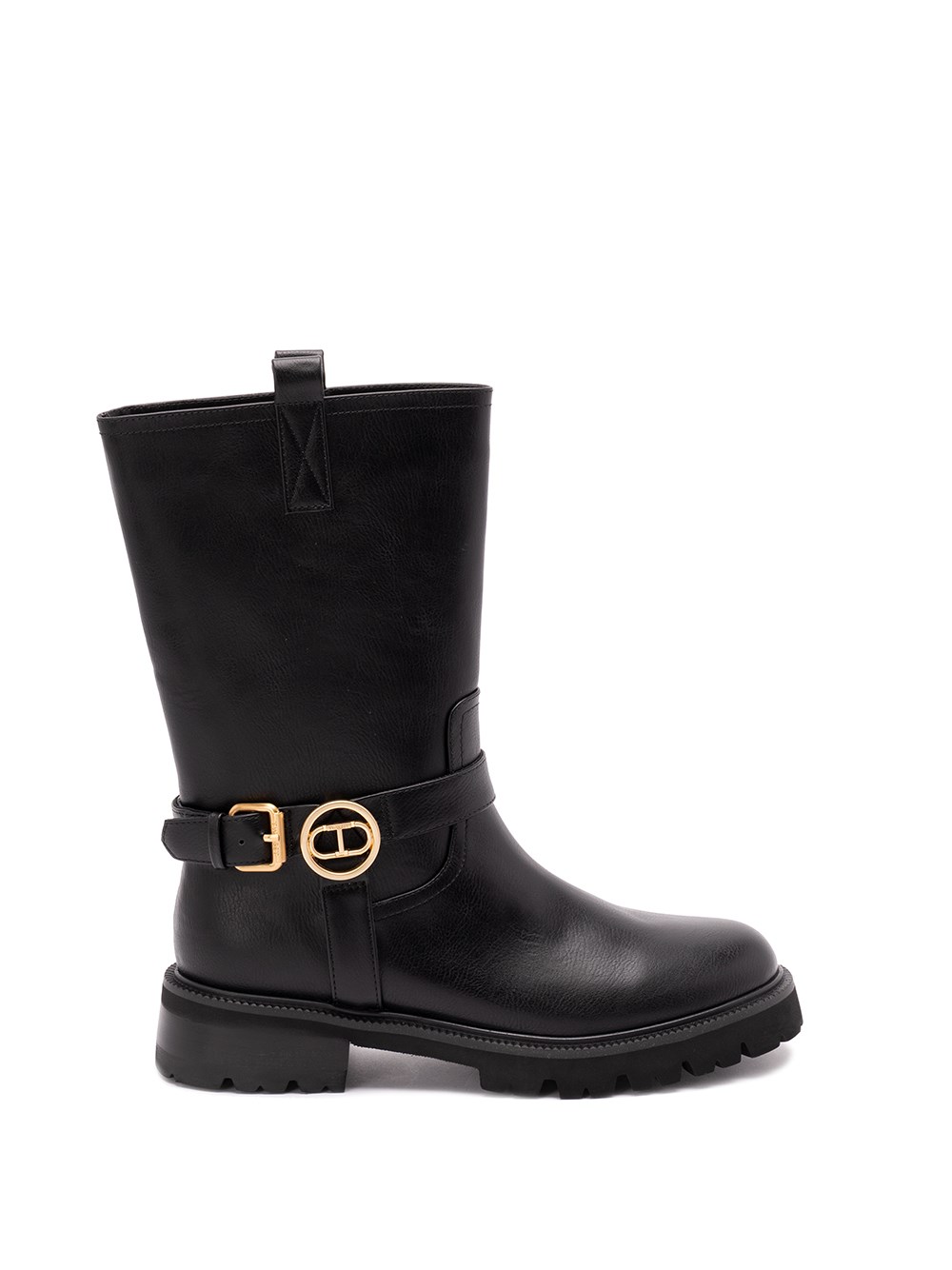 Twinset Twin-set Mid-calf Black Leather Boots With Buckle Fastening In Multi