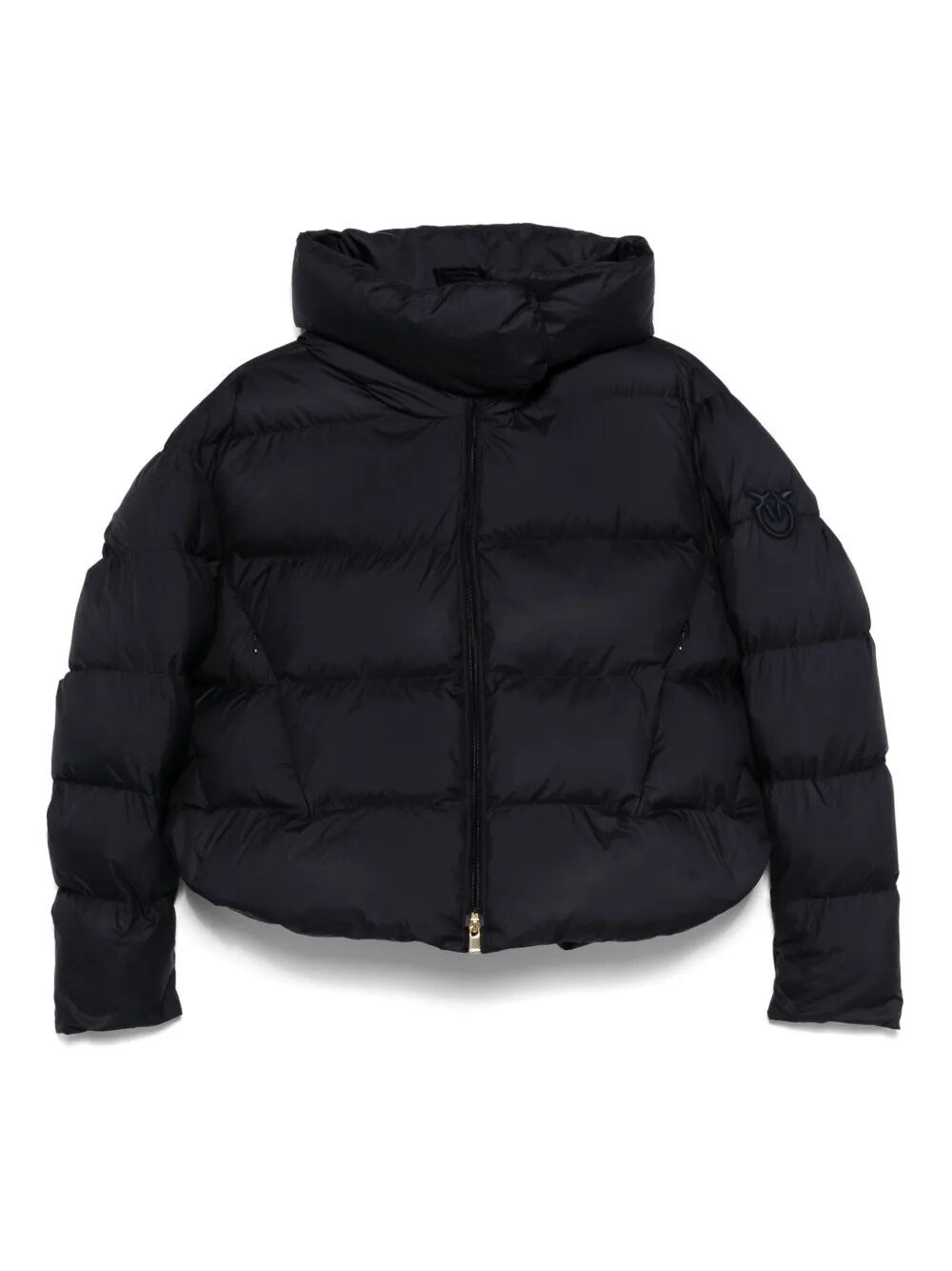 Pinko Cropped Navy Blue Quilted Coat With High Neck And Logo Patch In Blue