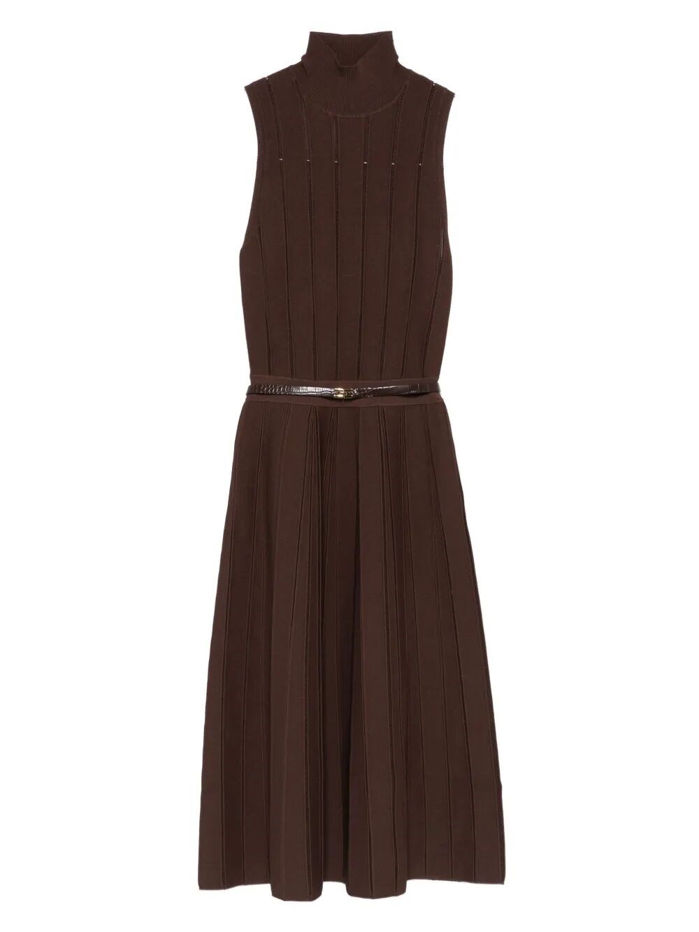 Elisabetta Franchi Ribbed Turtleneck Belted Maxi Dress In Brown