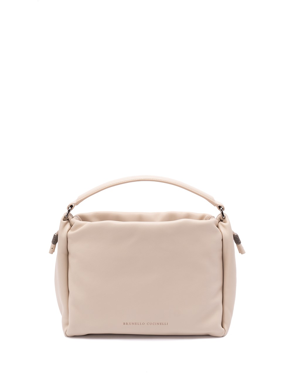 Brunello Cucinelli `mellow` Small Bucket Bag With Monili In Sand