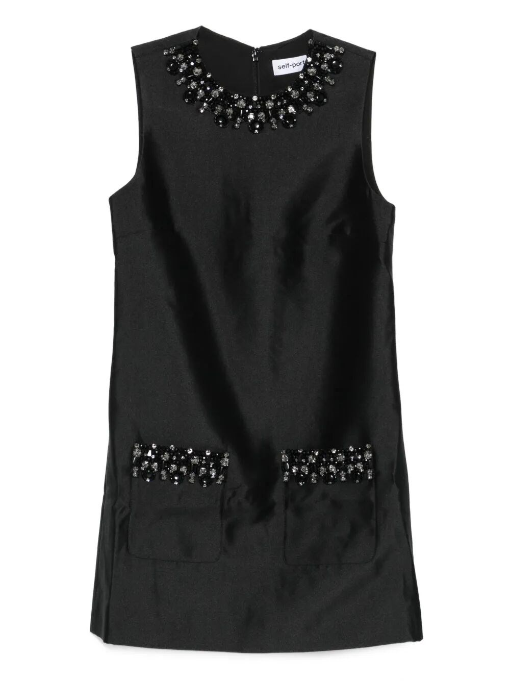 Self-portrait Sleeveless Black Midi Dress With Beadwork And Patch Pockets In Black
