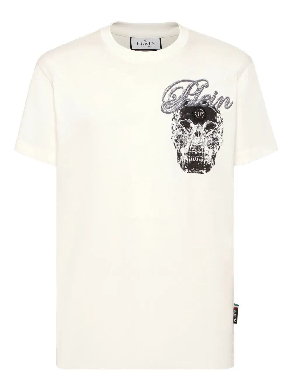 Philipp Plein Ribbed Crew Neck T-shirt With Logo Patch And Chest Print In Sand