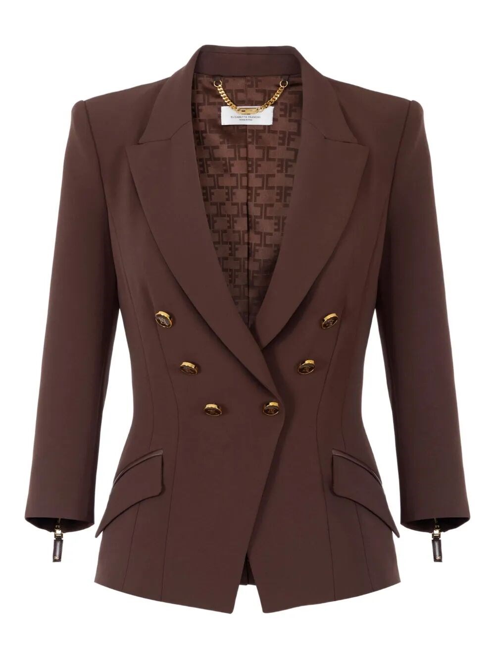 Elisabetta Franchi Tailored Double-breasted Blazer With Gold Accents In Brown