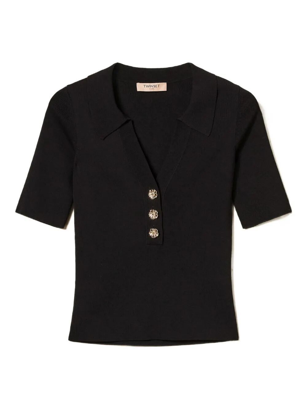 Twinset Fitted Black Short-sleeve Top With Classic Collar In Black