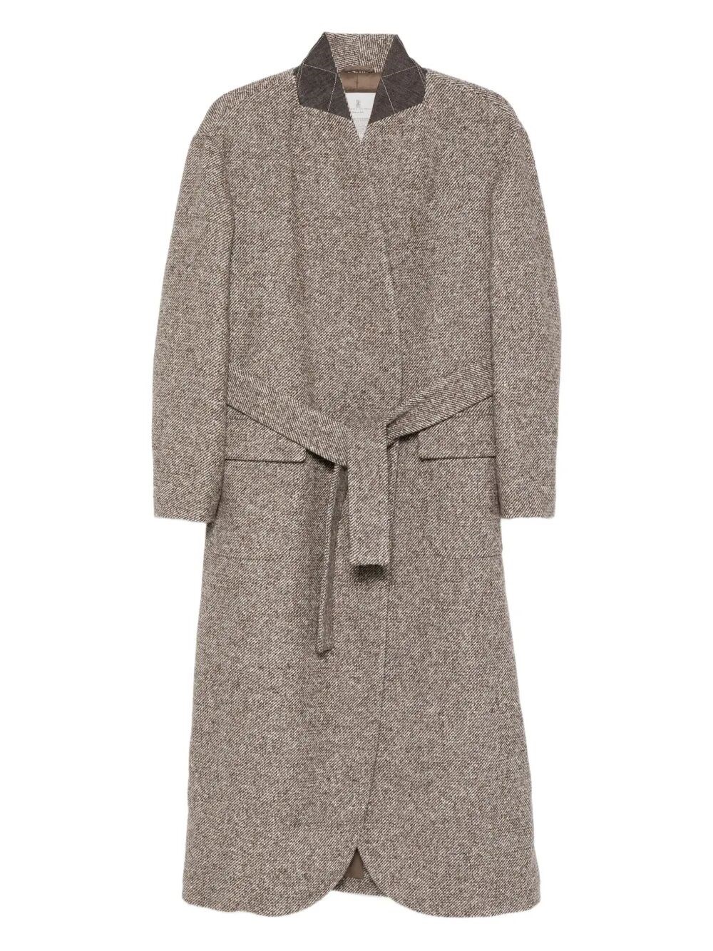 Brunello Cucinelli Belted Tweed Coat In Brown