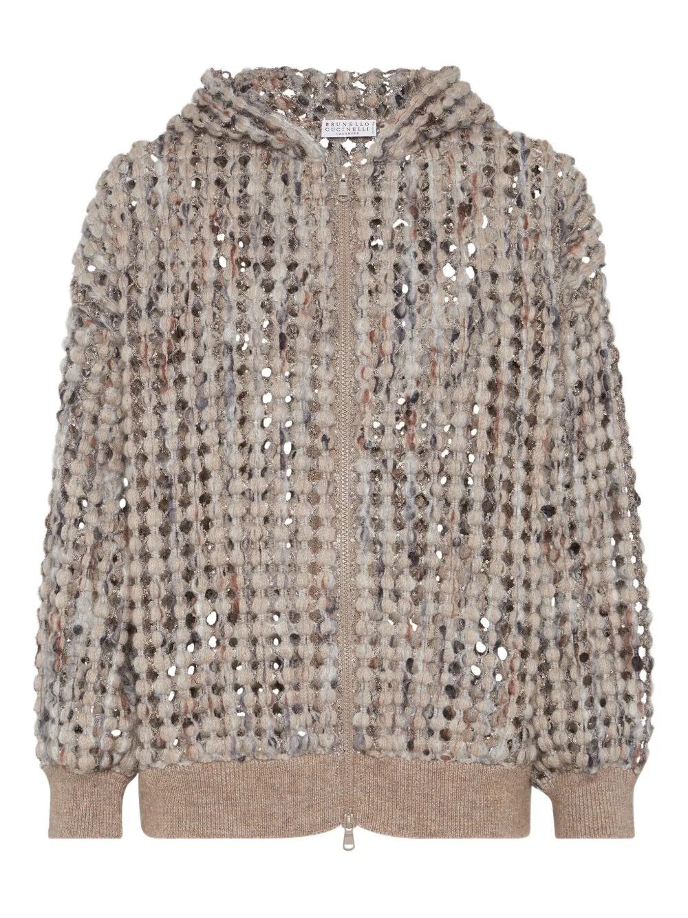 Brunello Cucinelli Pailette Wool-cashmere Net Balloon-sleeve Zip Hoodie In Gray