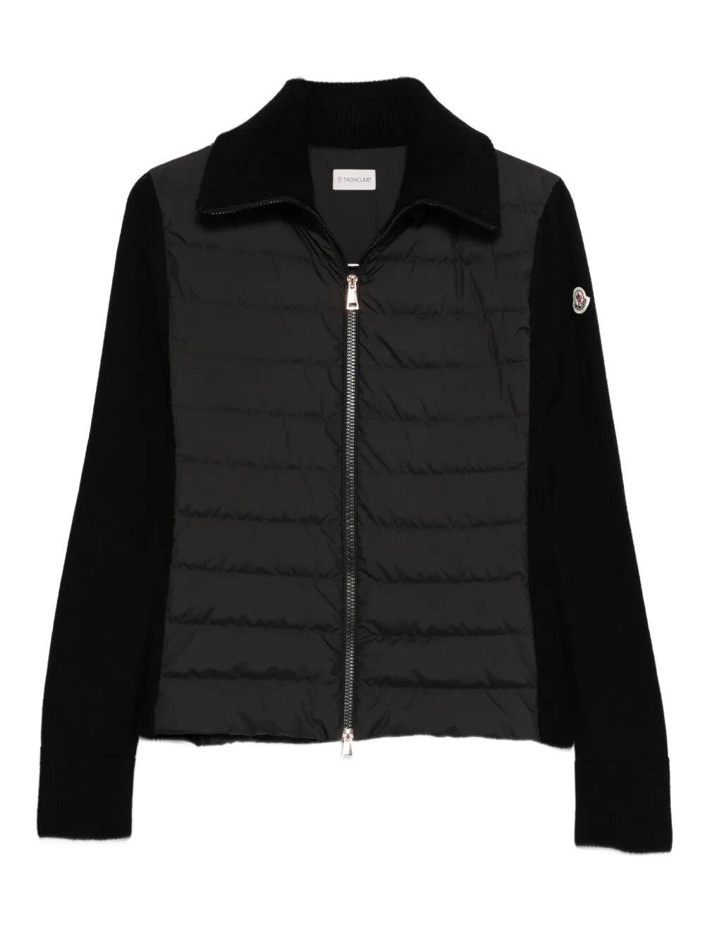 Moncler Two-material Cardigan With Goose Down Padding And High Neck In Black