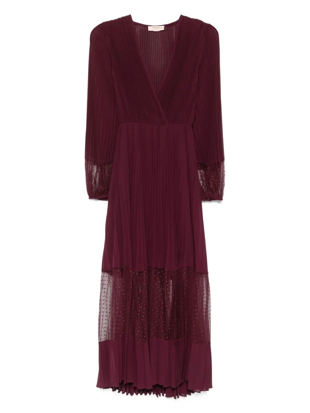 Twinset V-neck Long Sleeve Dress With Sheer Panels In Red