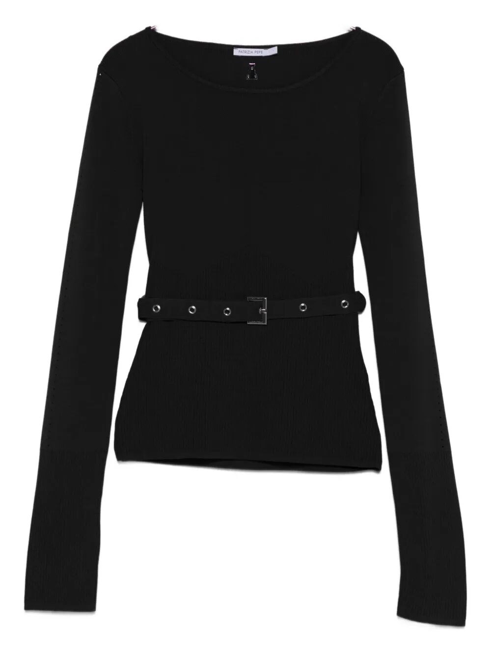 Patrizia Pepe Fitted Black Sweater With Eyelet Belt In Black