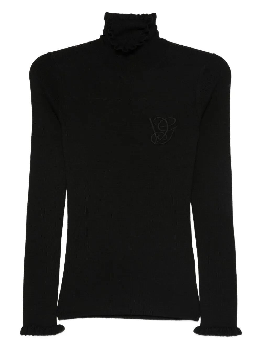Valentino Garavani Ruffle Trim Rib Virgin Wool Sweater In Black