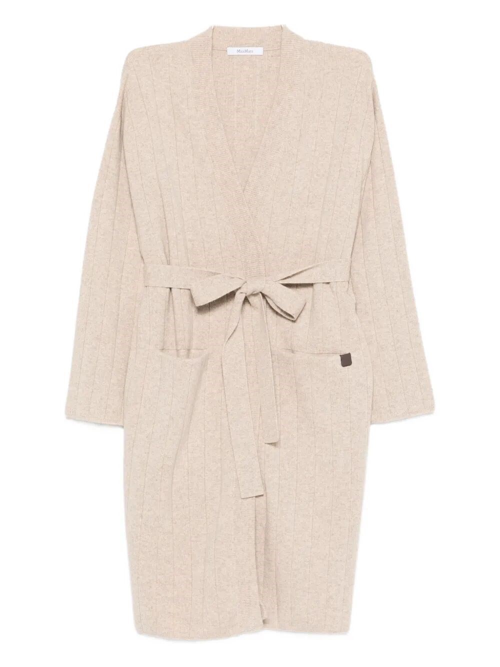 Max Mara Cashmere Cardigan With Belted Waist And Pockets In Neutral