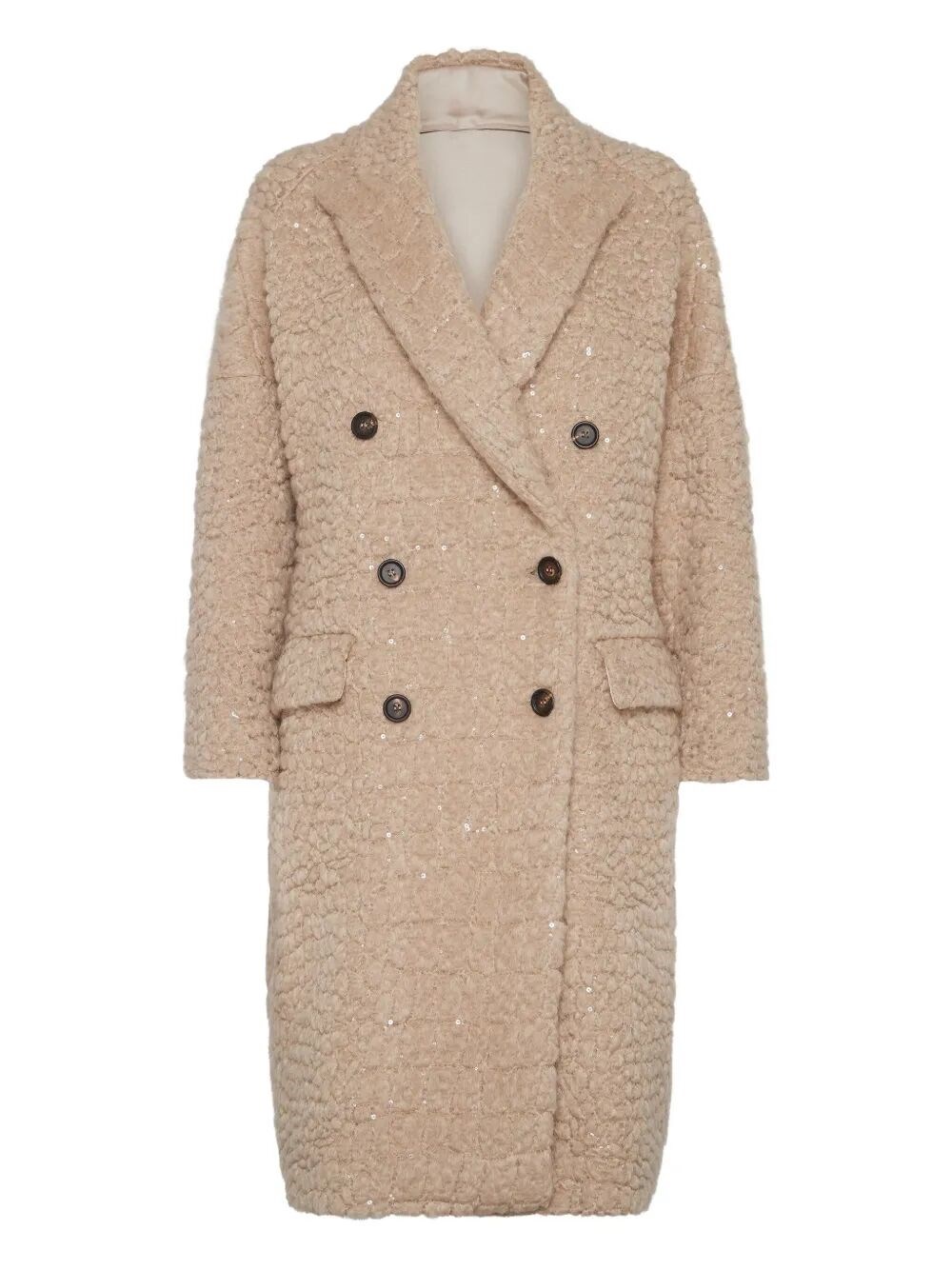 Brunello Cucinelli Boucle Double-breasted Coat Sequin Embellishment In Brown