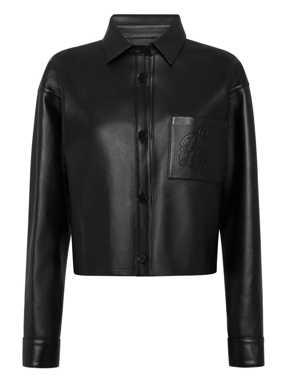 Philipp Plein Leather Cropped Shirt Signature In Black