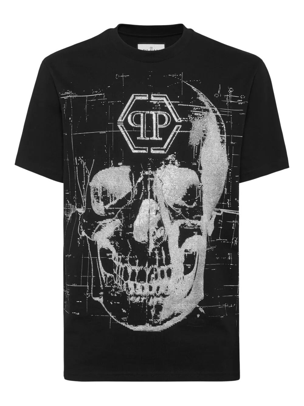 Philipp Plein Crew Neck Black T-shirt With Crystal Skull Design And Logo Patch In Black