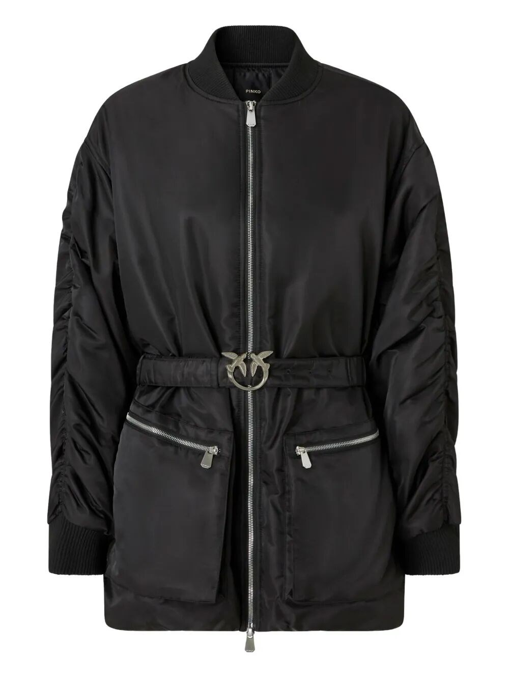 Pinko Long Technical Satin Bomber Jacket In Black