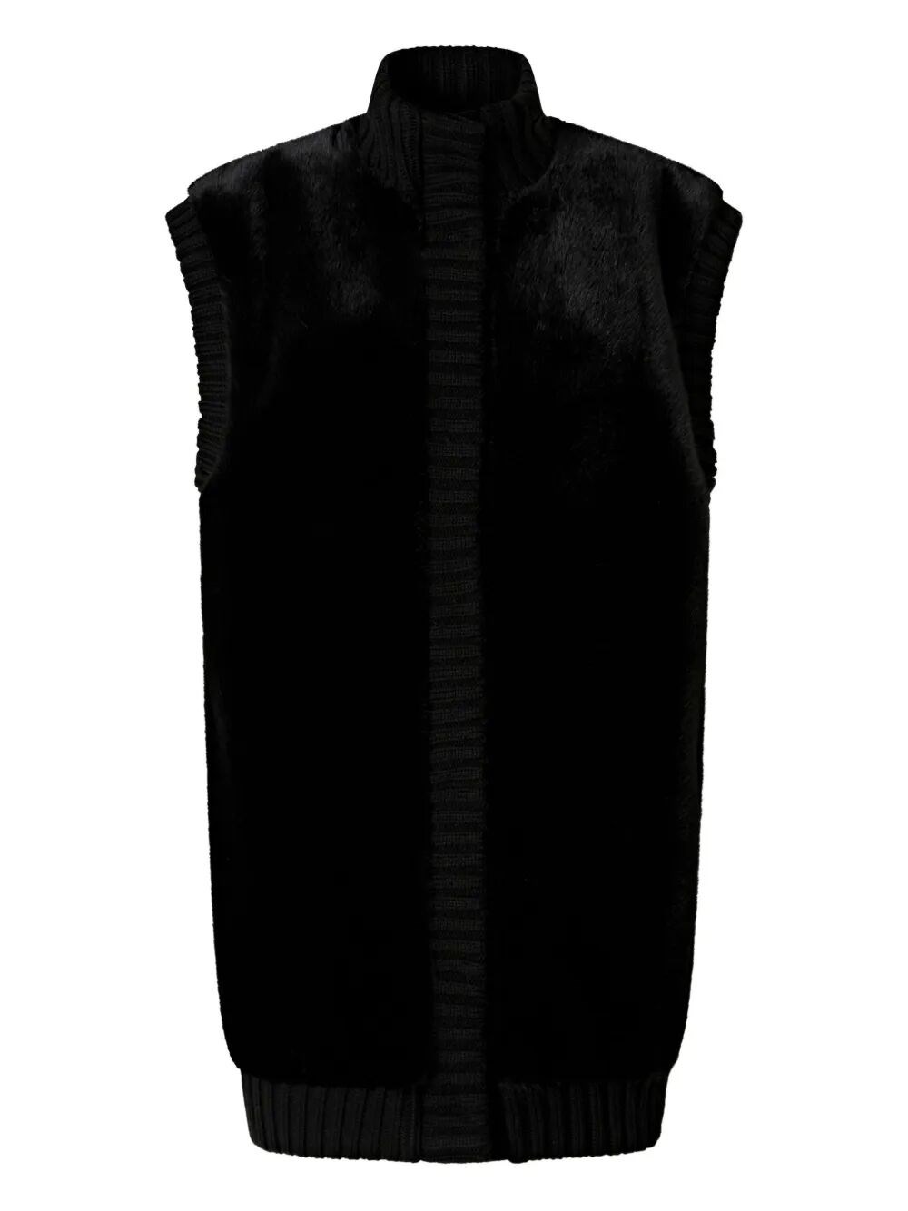 Pinko Genovese Black Sleeveless Vest With High Neck And Ribbed Details In Ecofur Woman In Black