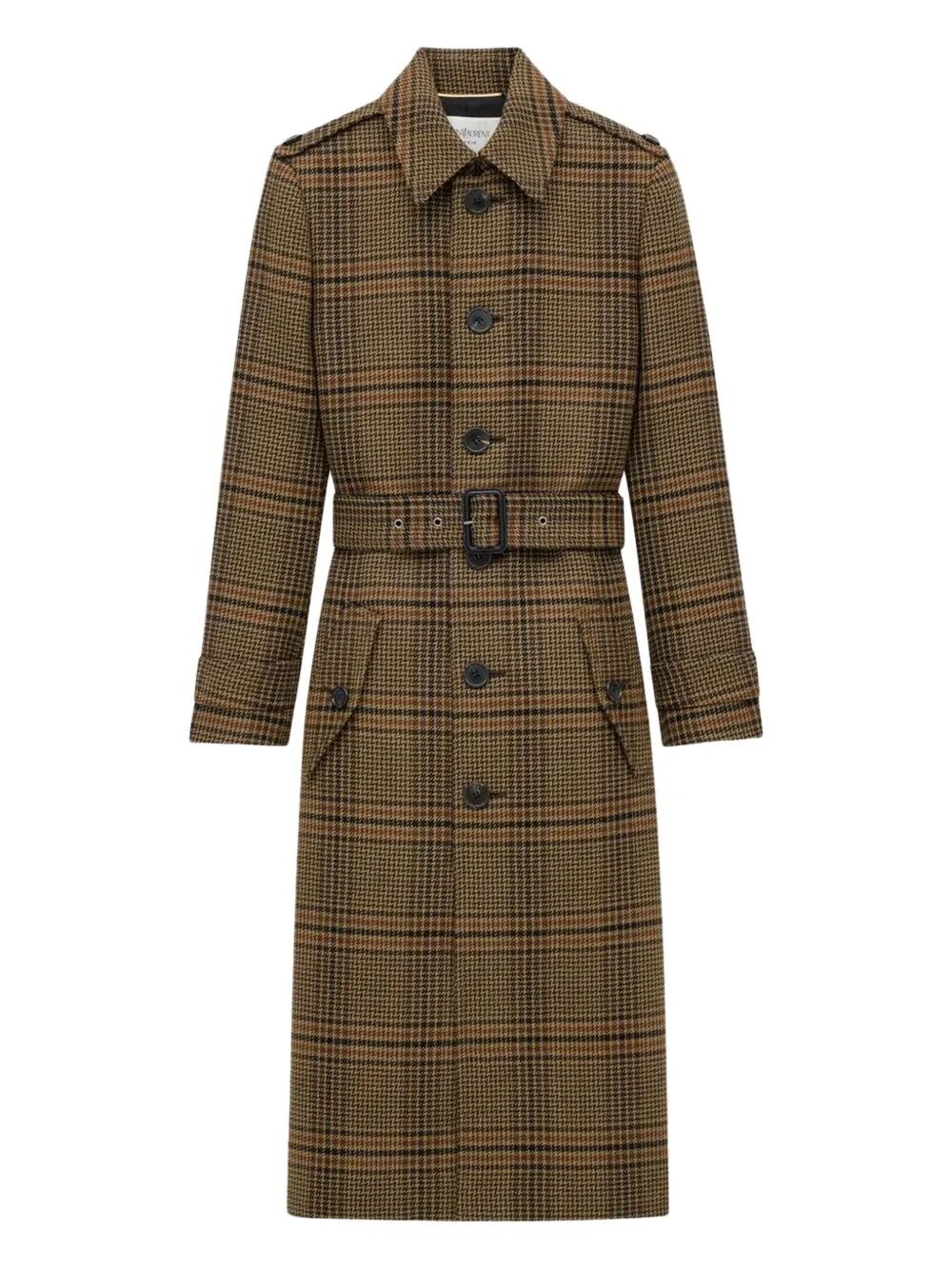 Saint Laurent Double-breasted Checked Trench Coat In Brown