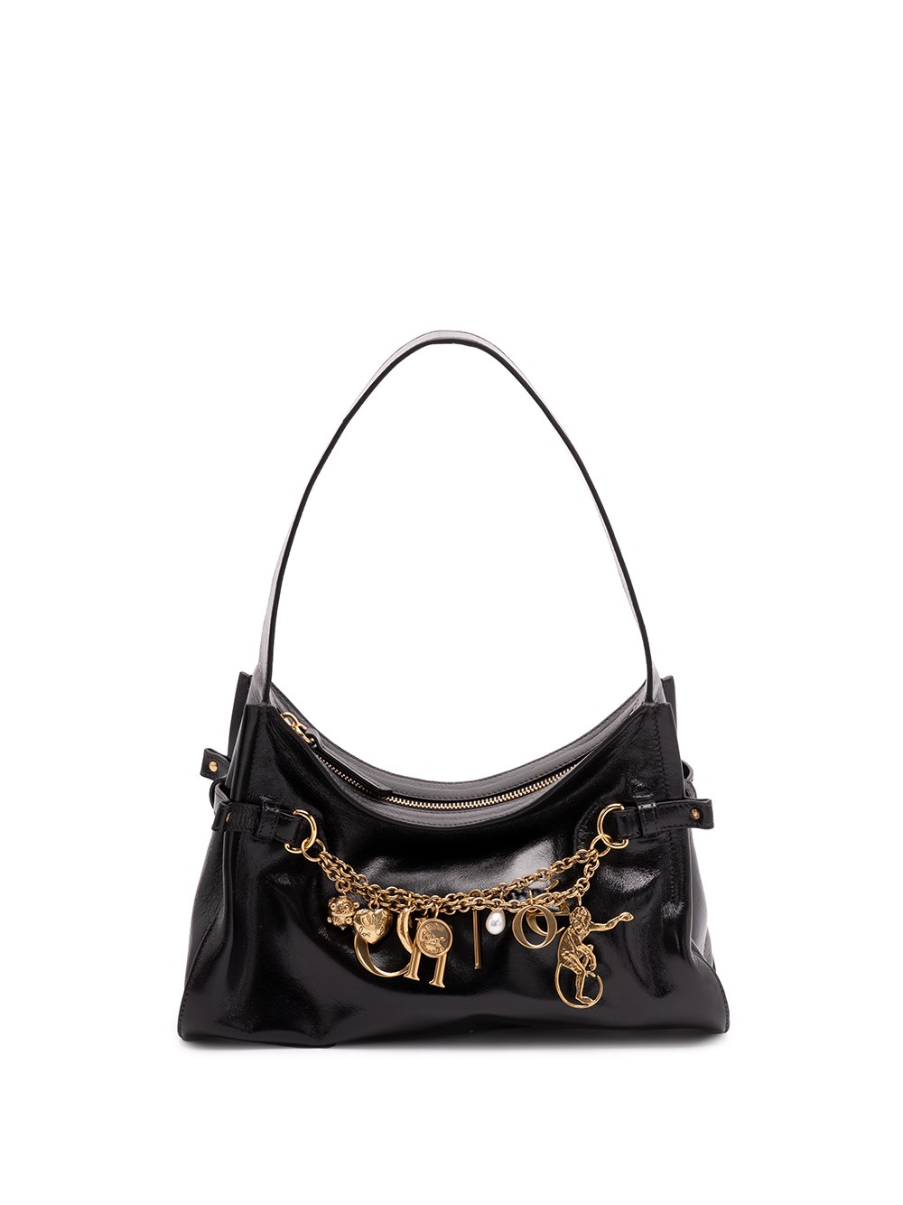Chloé Logo Charm Hobo Bag In Shiny Leather In Black